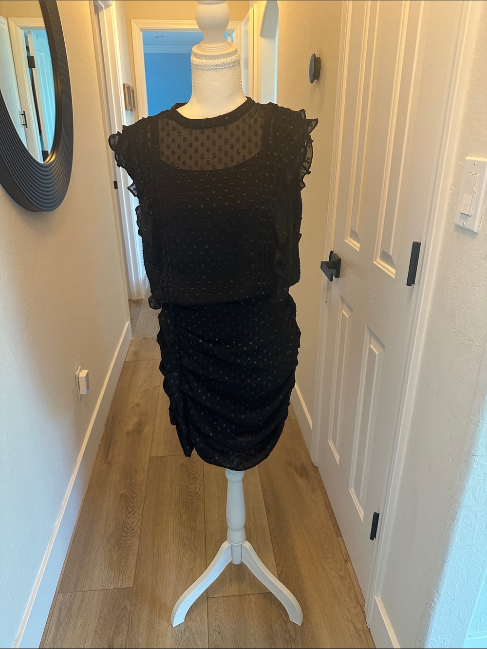 Express Black Sheer Dot Ruffle Mini Dress
